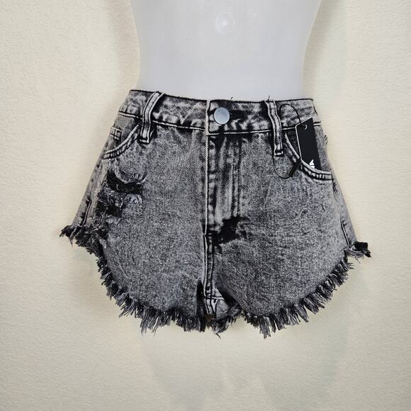 Fashion Nova Beach Party Cheeky Cut Off Denim Short Black Rip Jean Frayed Size 5 - Picture 14 of 14